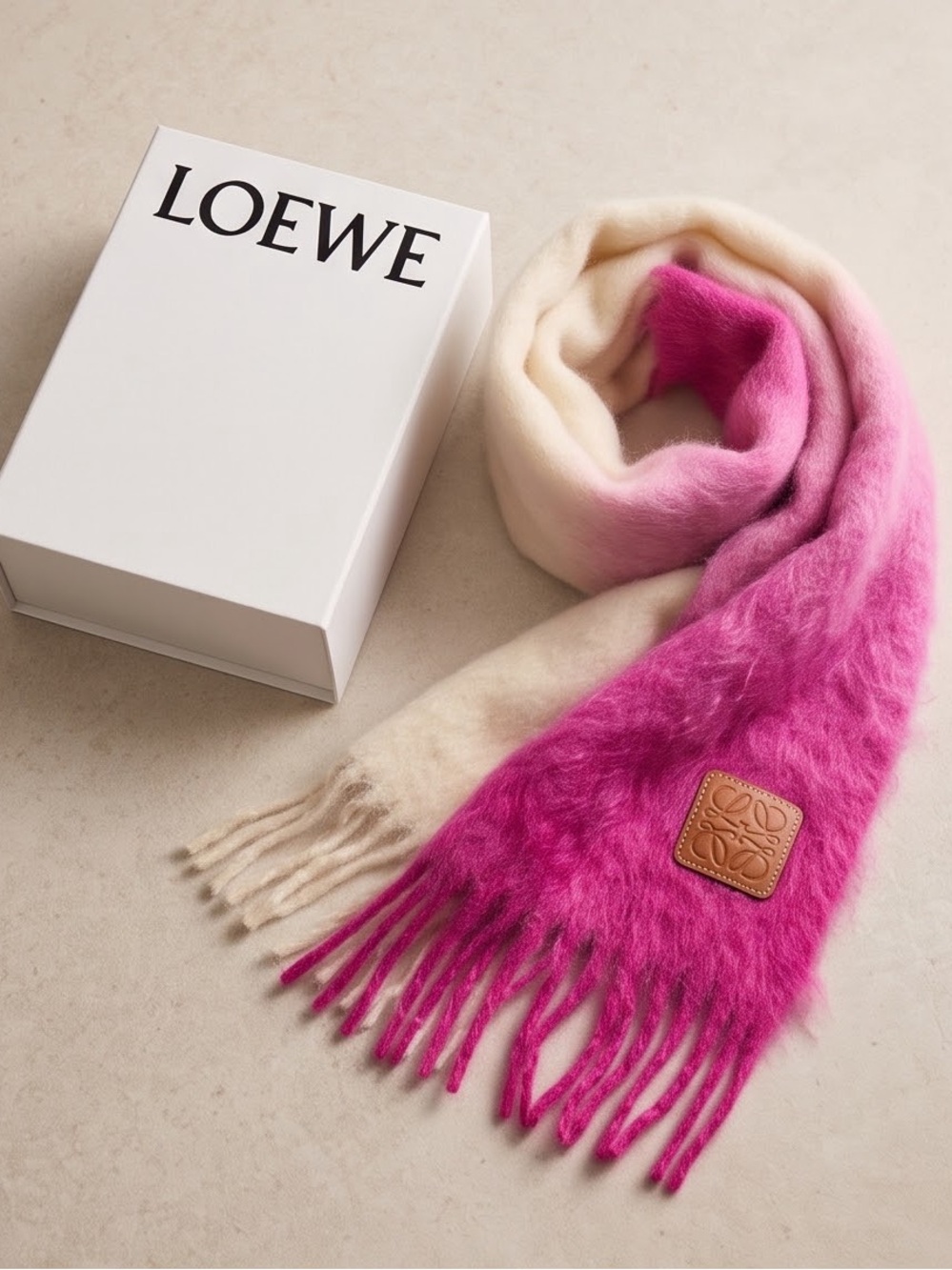 Loewe Pink to Cream Ombre Wool Scarf with Leather Logo Patch
